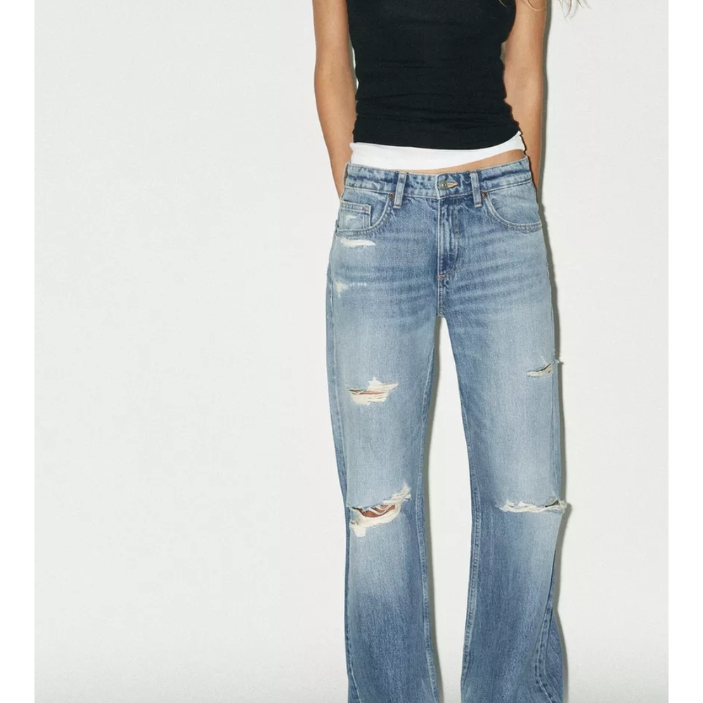 Zara Blue Mid Rise Wide Leg Jeans